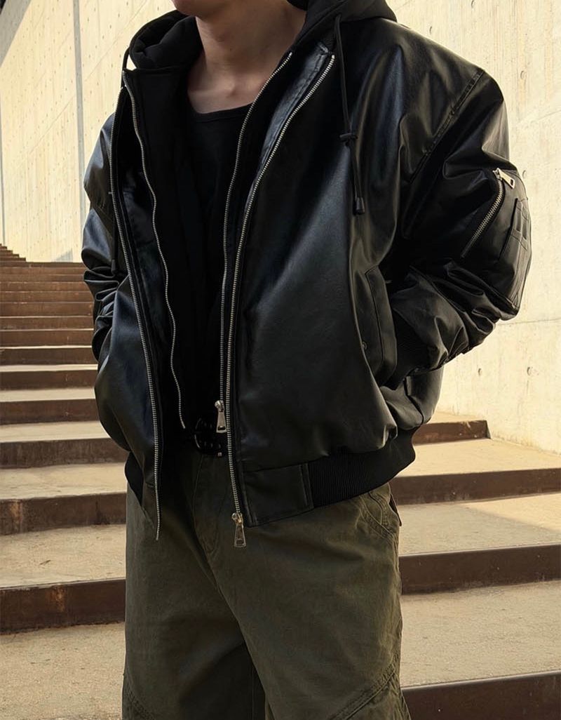 Hood layered leather blouson(3color)