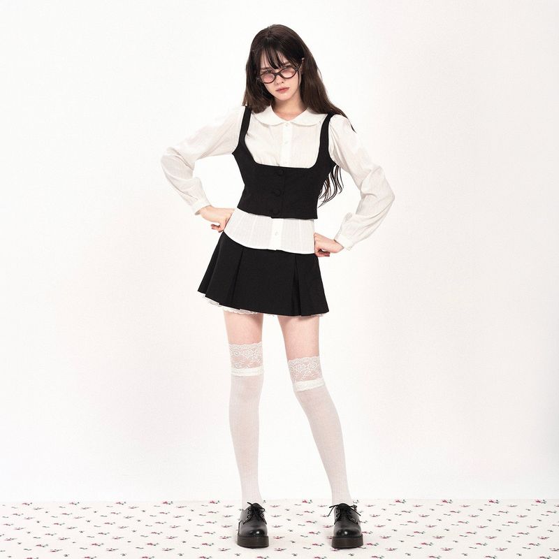 RIBBON FRILLY WAIST VEST - BLACK
