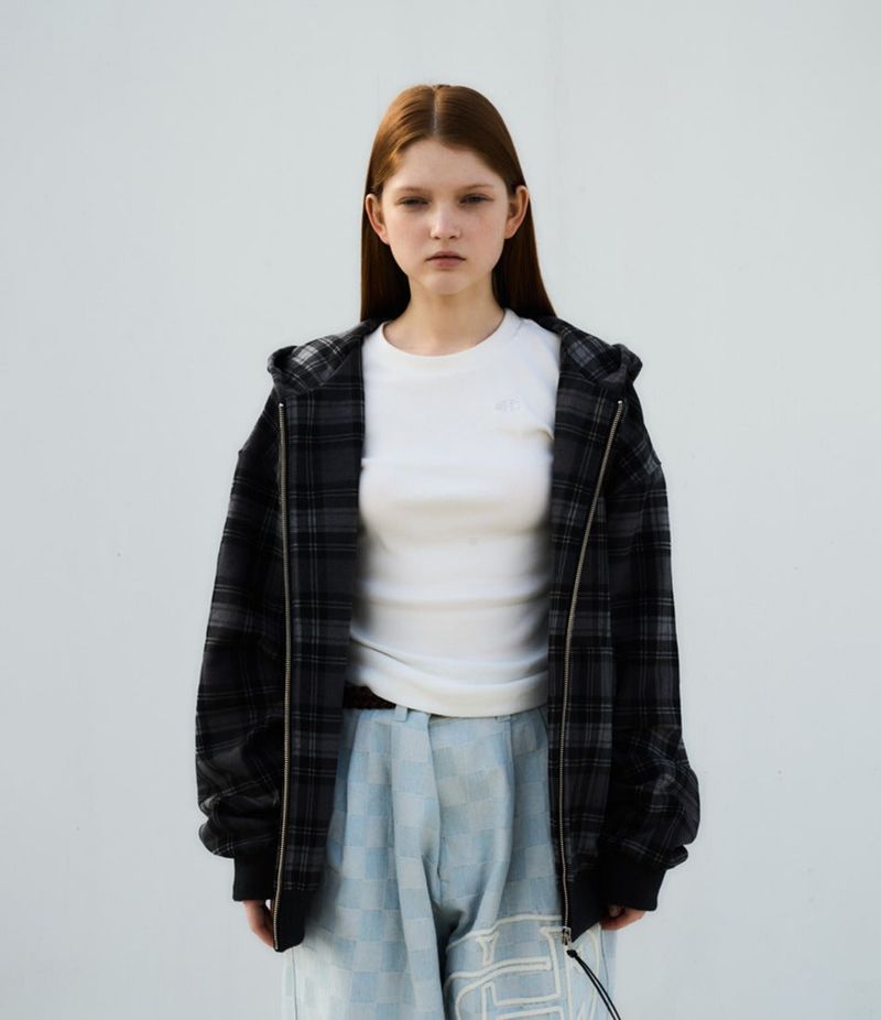  CEC CHECK ZIP-UP HOODIE(CHARCOAL)