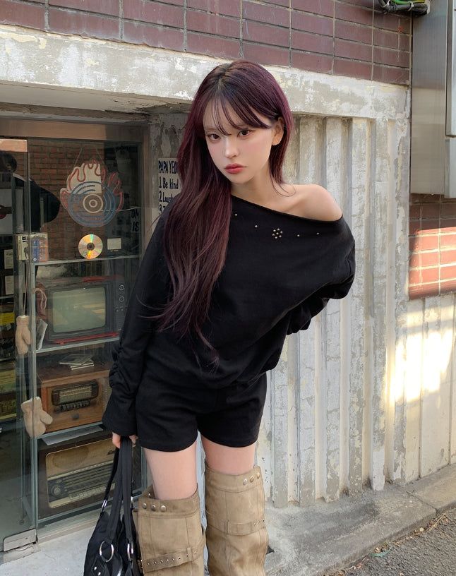 Bohem Stud Off-Shoulder Sweatshirt