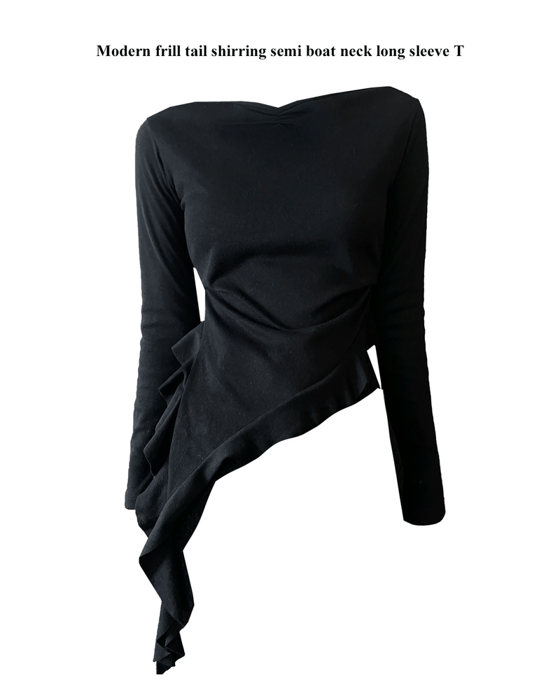 GUSTA（グスタ）の「Modern frill tail shirring semi boat neck long sleeve T (2 colors)（Tops）」