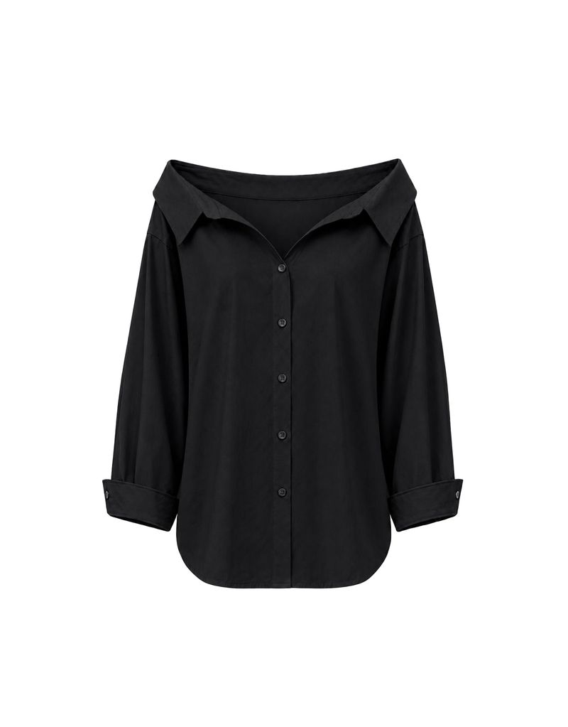 TWEEDY-A（ツウィーディア）の「エロウェン オープンカラー ワイドカフ ロングスリーブ シャツ ブラック（トップス）」
