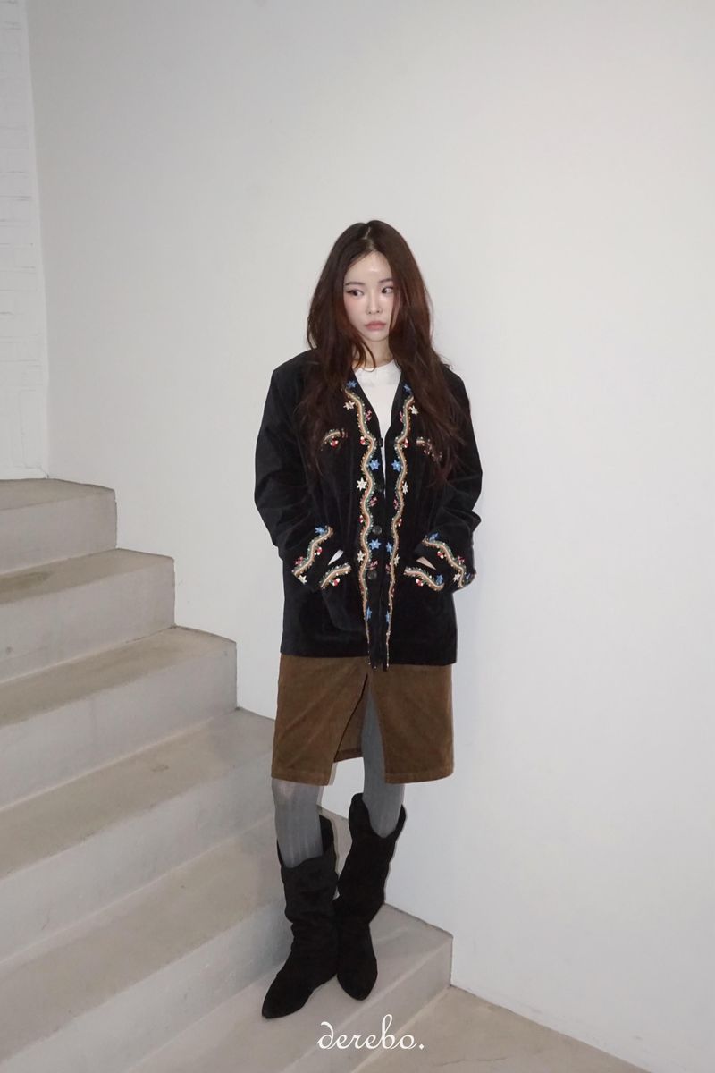 French velvet embroidered no collar jacket