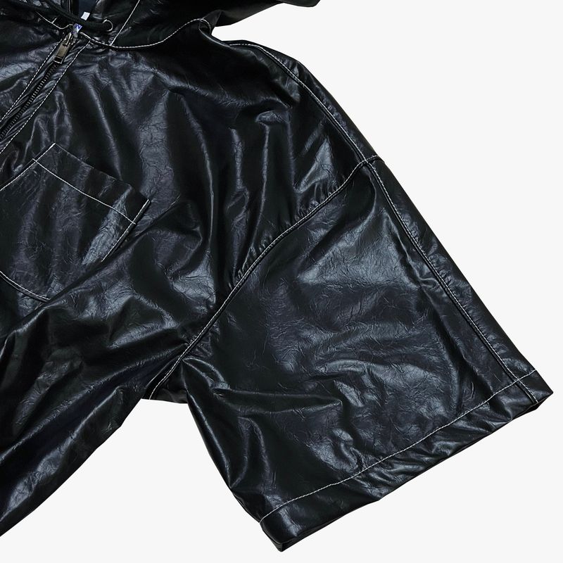 glossy faux leather hood zip-up hoodie_black