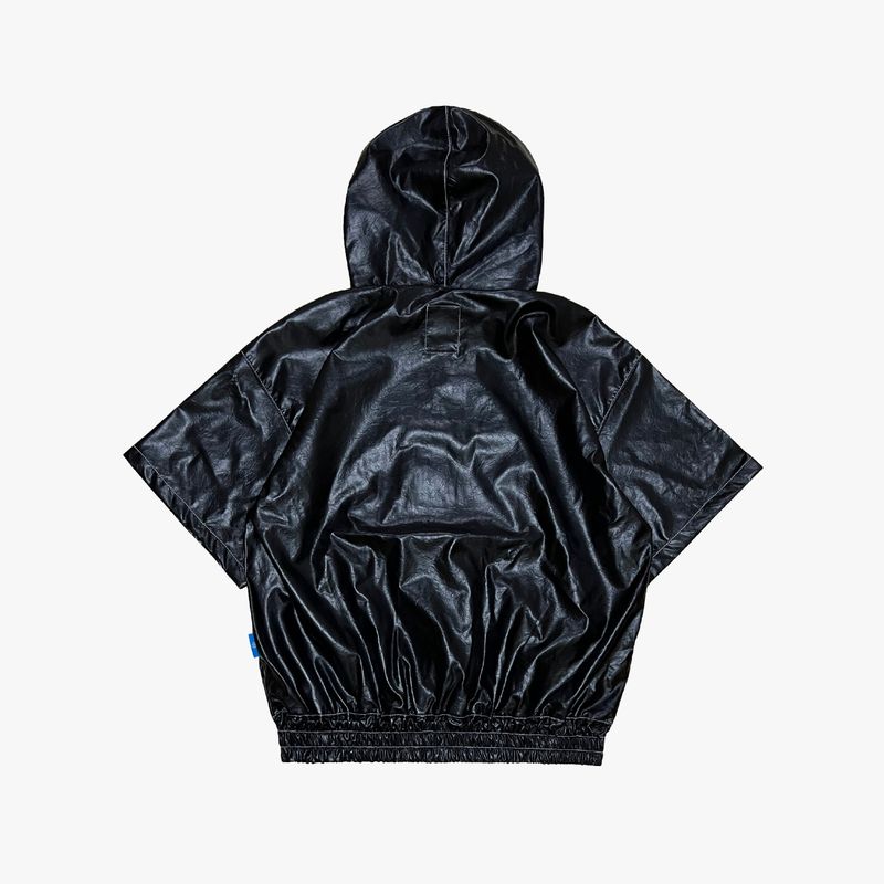 glossy faux leather hood zip-up hoodie_black