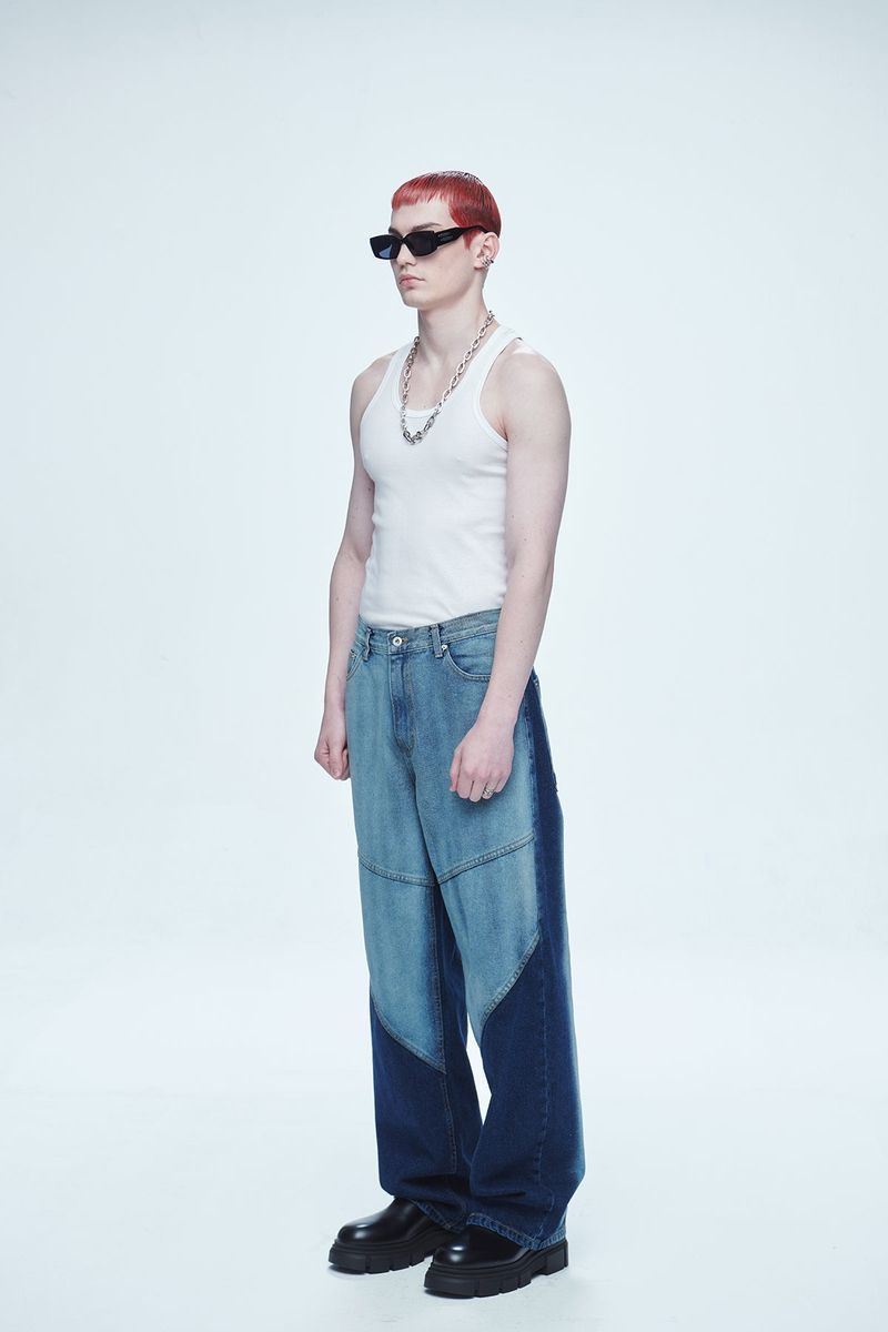 Hyper Brush Washing Wide Denim Pants Blue
