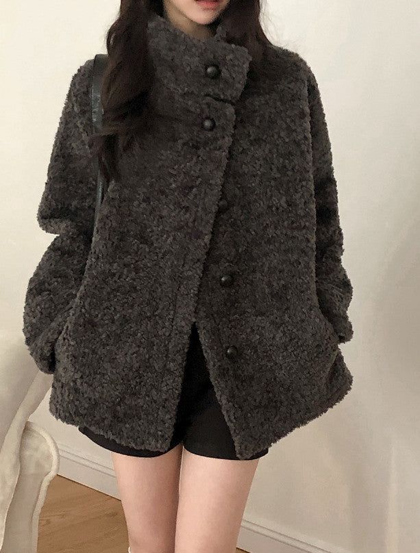 #Fluffy Boucle Ｈigh Neck Half Coat (4color)