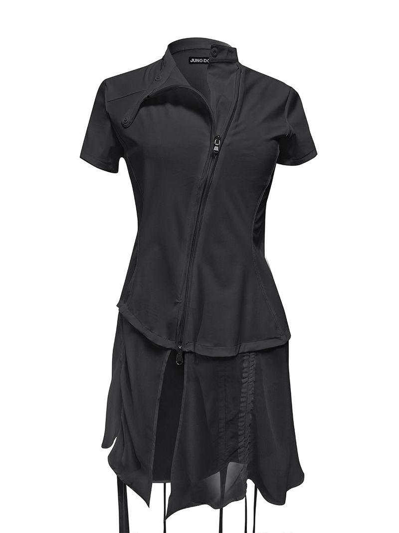 CURVED ZIP-UP SHIRT WITH LAYER . COOL BLACK