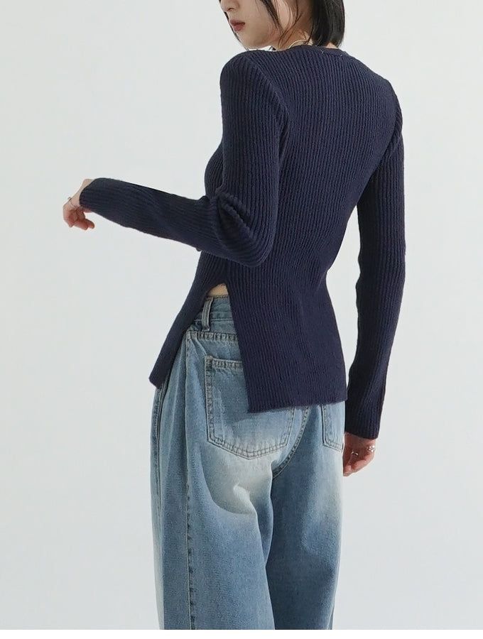 Side slit ribbed lace-up knit