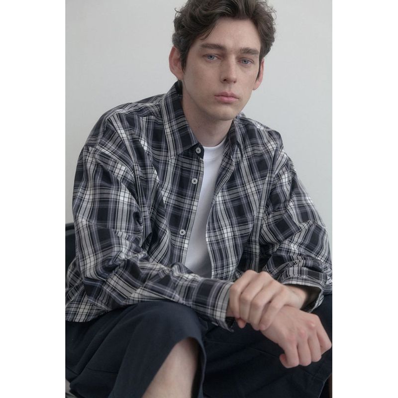 Vintage Washing gray blue check shirts