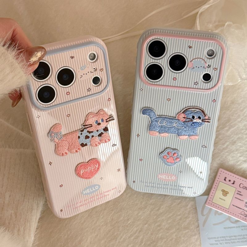 Embroidered Blue Pink Cat Soft iPhone Case