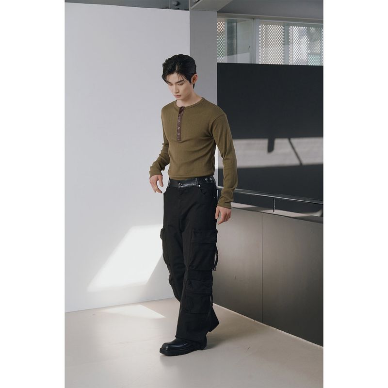 Leather ribbed henry neck long sleeves(Khaki)