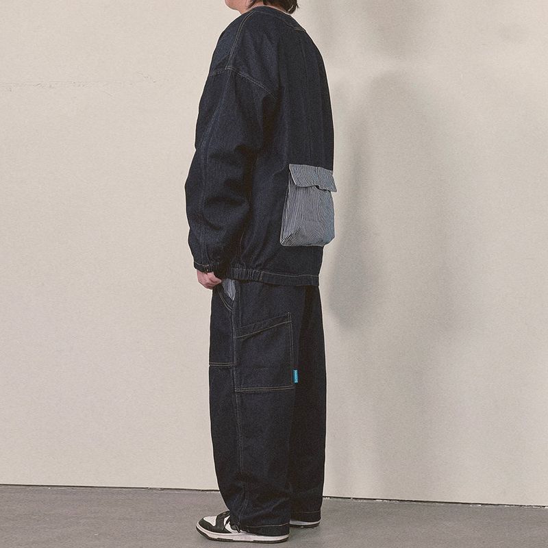 stripe patch denim cardigan_blue