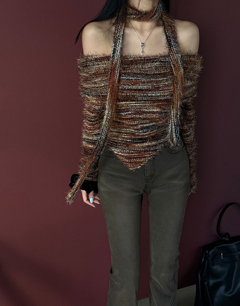Muffler SET Off-Shoulder Mixed Knitwear