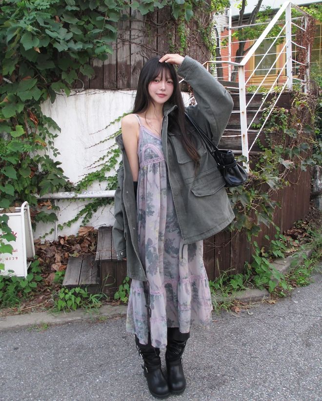 Misty Mauve Flower Chiffon Long One Piece
