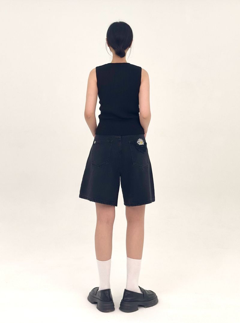  3RD REORDER HIP POCKET EMBROIDERY BLACK DENIM SHORTS LONG VERSION code 25106