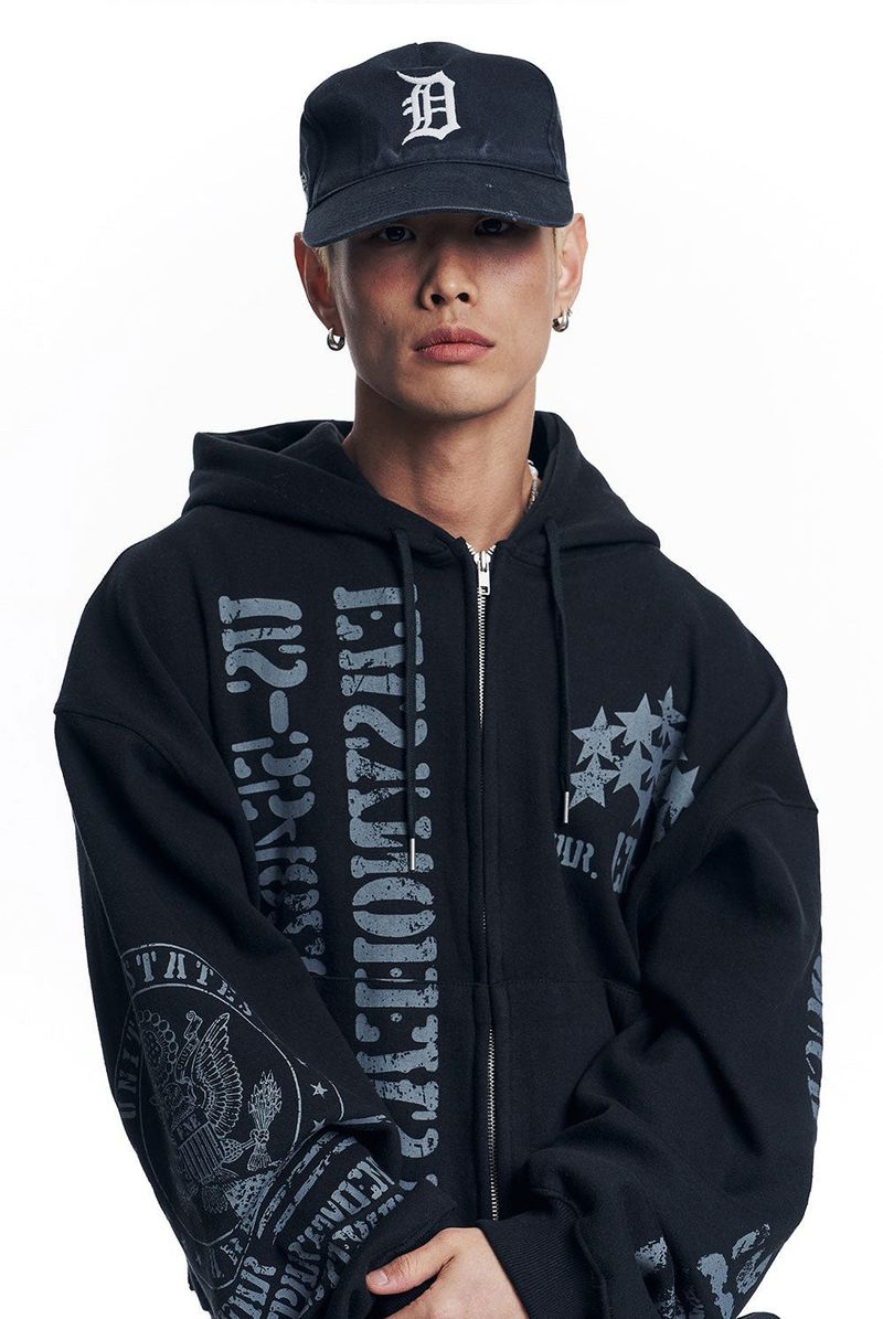 Marine Crack Print Hooded Zip-Up - Black