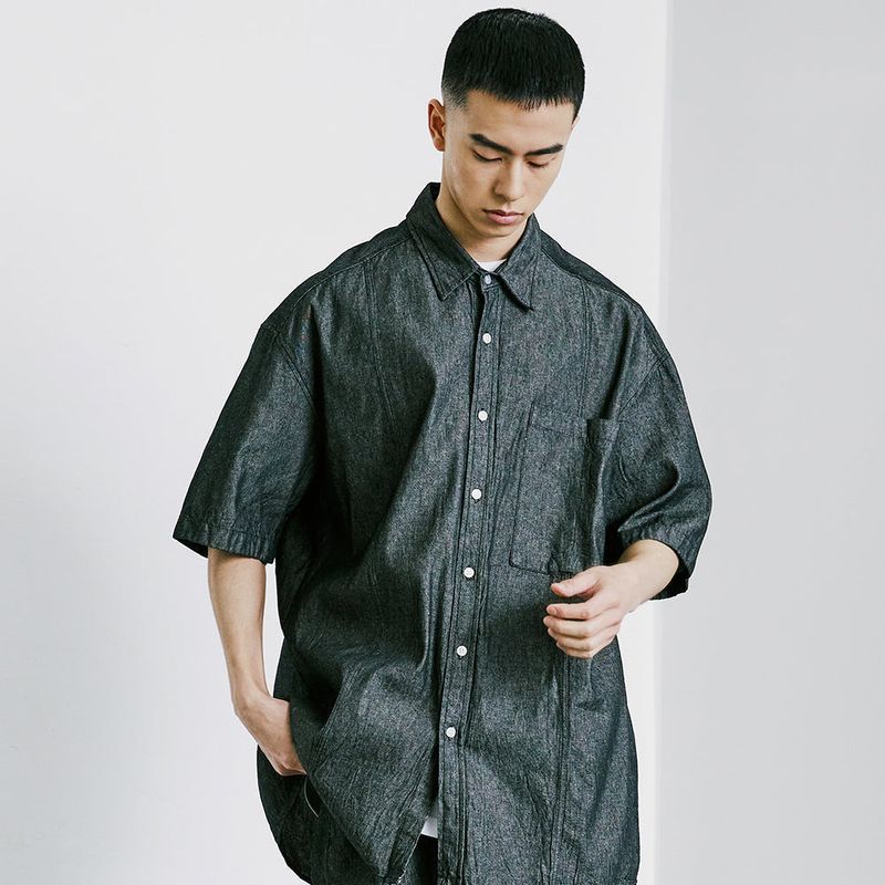 FRONT SEAM WASHED DENIM SHIRT BLACK