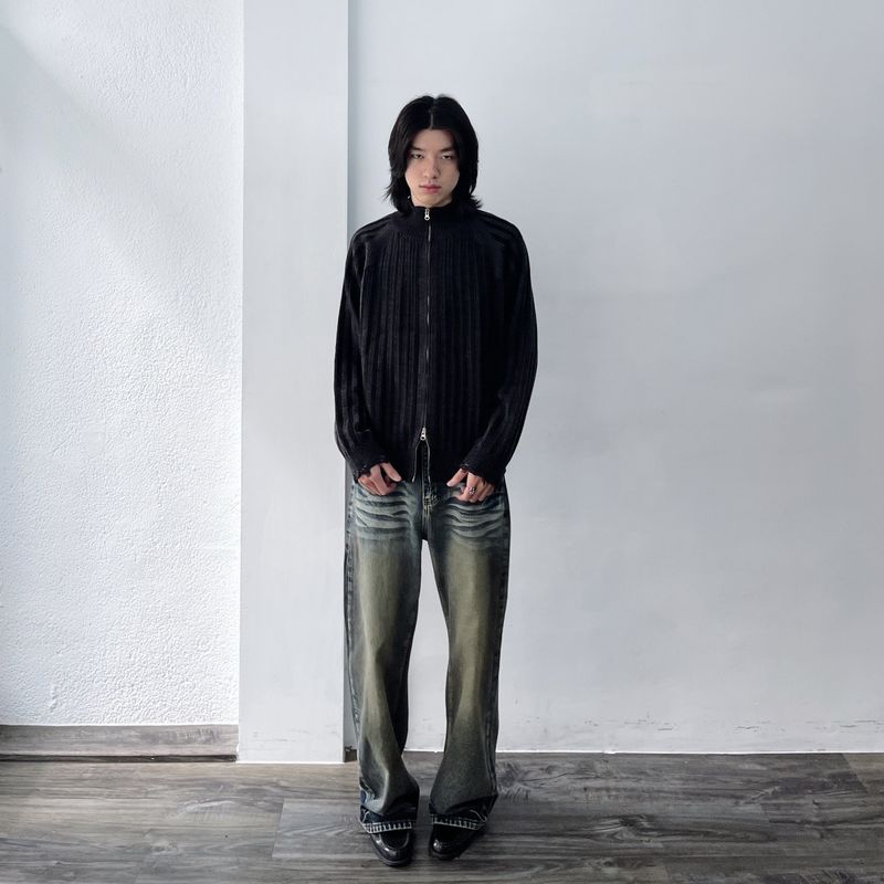 High-Neck Stripe Knit Jacket