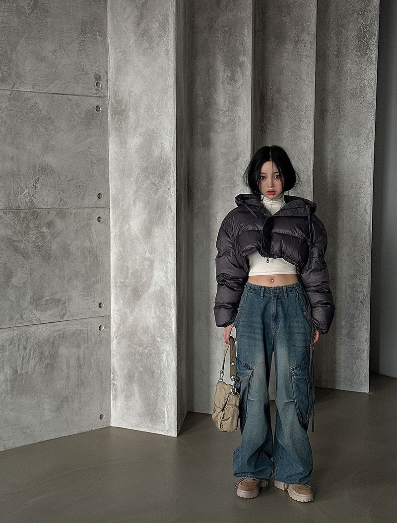 reversible duck down double-sided crop padded coat