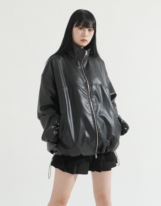 2Way Zip-up Balloon String Leather Jacket