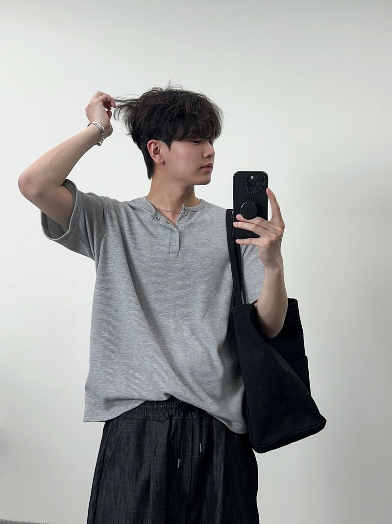 ワッフルヘンリーネックハーフTシャツ