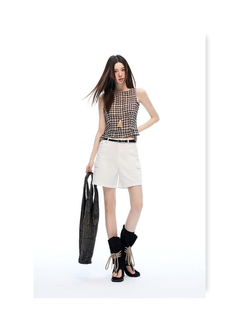 Mid Rise White Cargo Wide Leg Bermuda Shorts