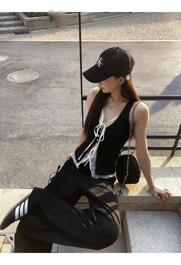 Black Lace Layered Vest Sleeveless Top