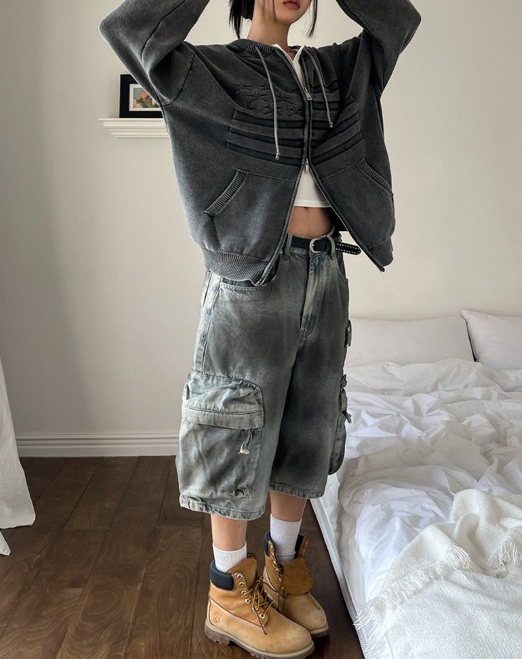 Burn dirty washing utility pocket bermuda pants