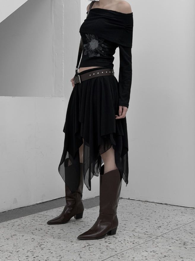 Roach chiffon unbalanced flare skirt