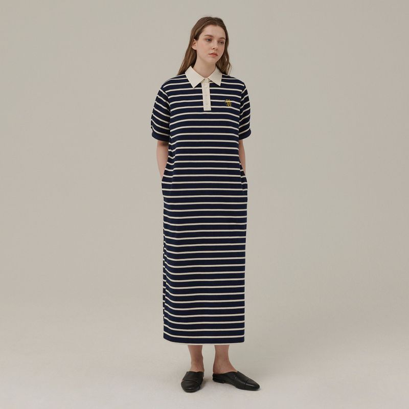 Between A and B(ビットウィーンエーアンドビー)の「STRIPE COLLAR MAXI DRESS_NAVY(Dresses)」