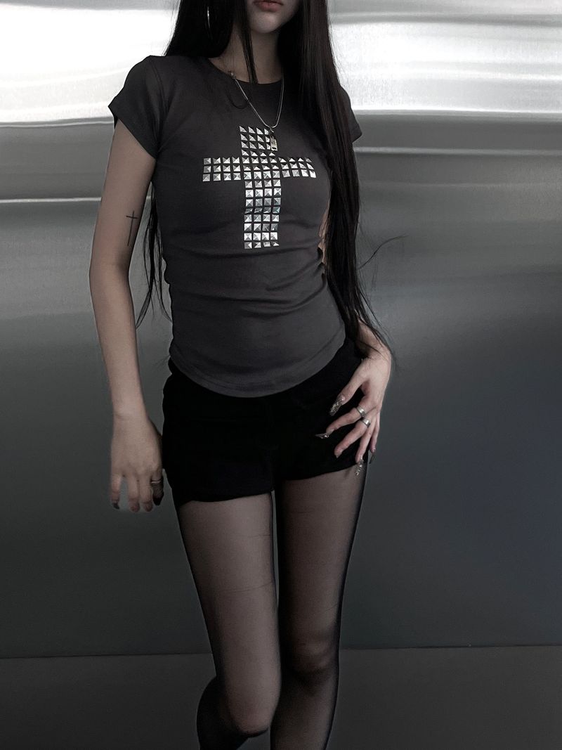 metallic cross stud short sleeve (3color)