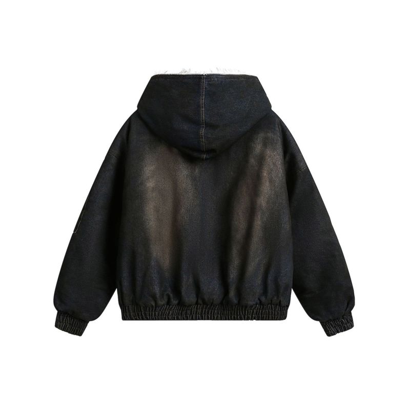D quilted hooded denim fur cropped padded jacket