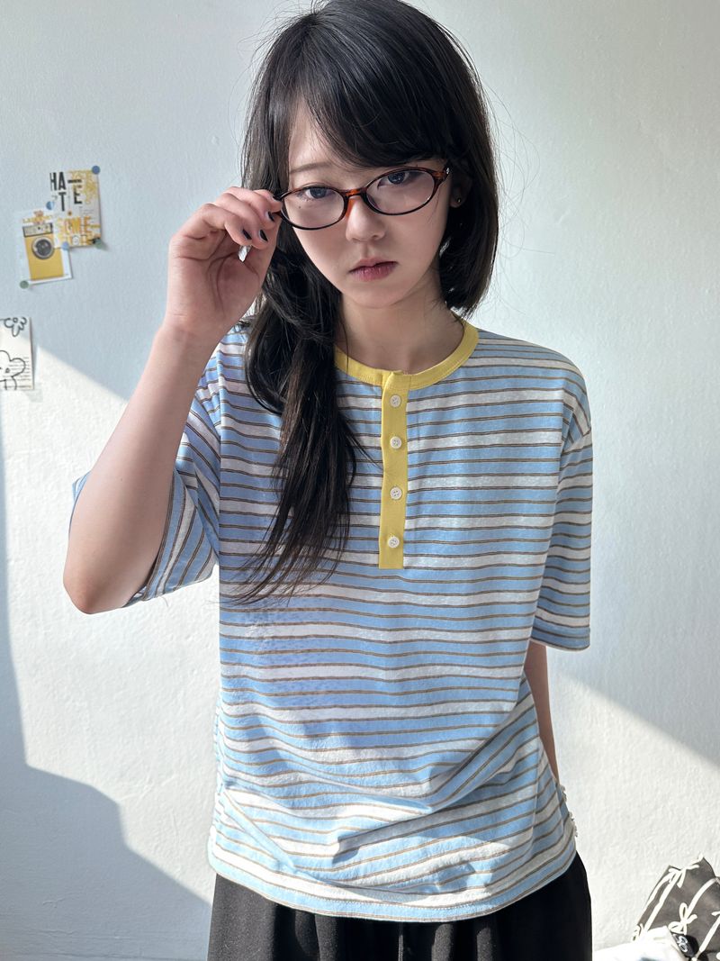 Yuria Cooling Stripe Henley Tee 3color