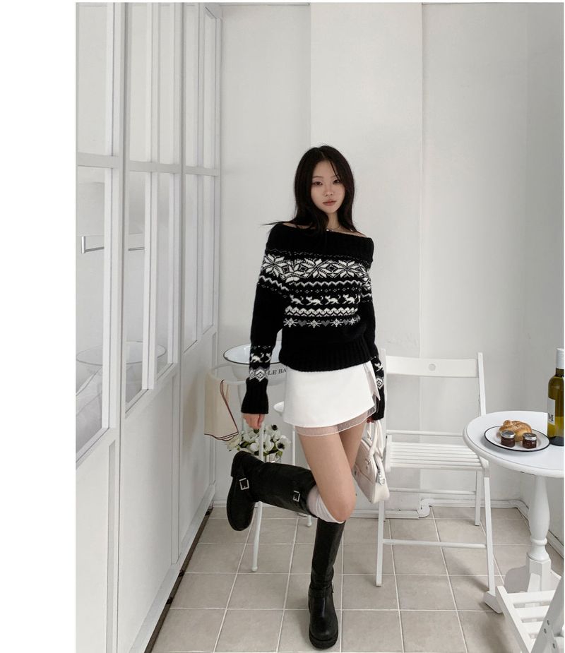 Snowfield Nordic Pattern Off-Shoulder Knit Top (Black)