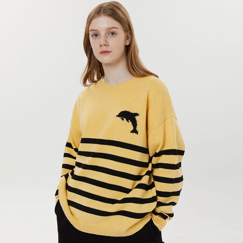Big dolphin logo stripe crew neck knit