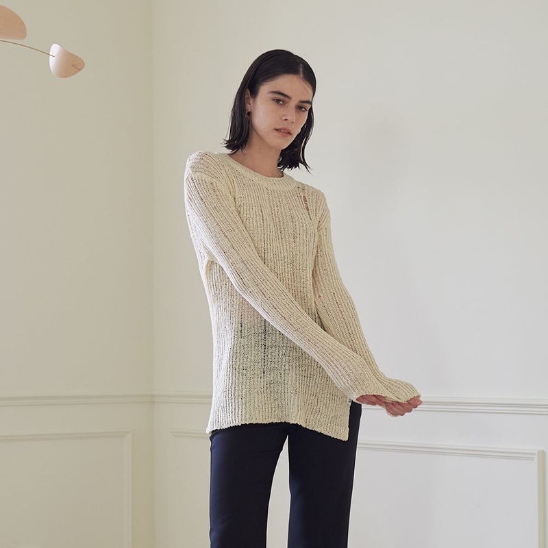 TMO BY 13MONTH（ティーエムオーバイサーティーンマンス）の「MESH SIDE SLIT KNIT TOP (IVORY)（Tops）」
