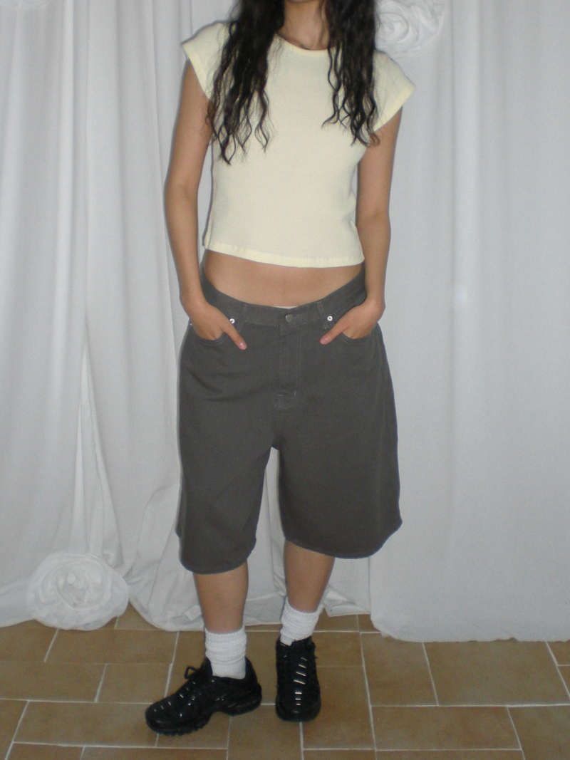 Wide cotton half pants [Gray]