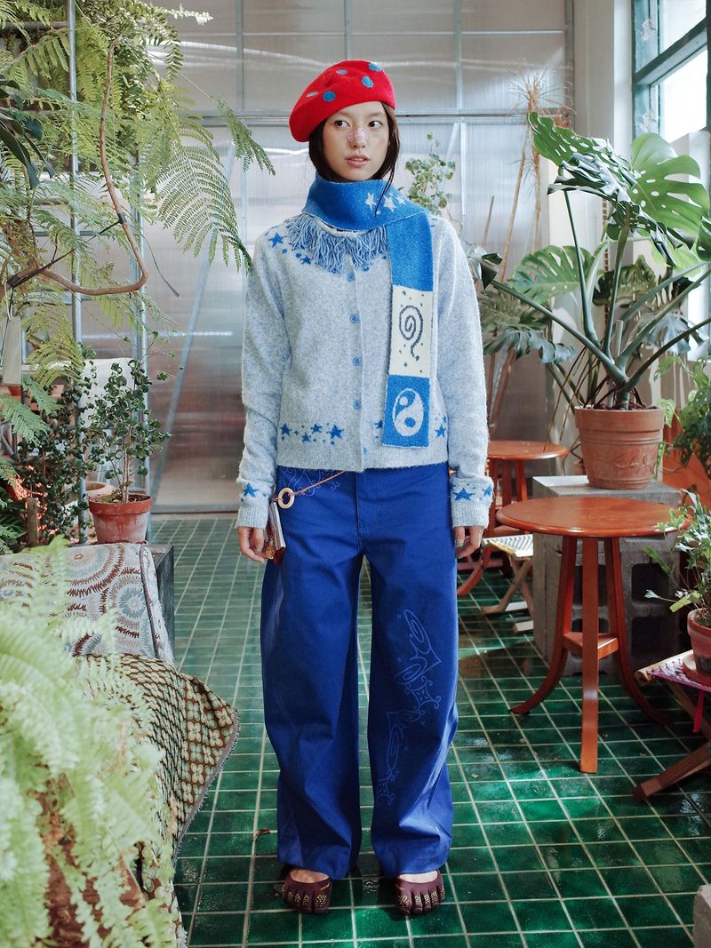UnsocalNight2025 Original Literary Retro Autumn and Winter プリントブルーストレートマシェパンツ