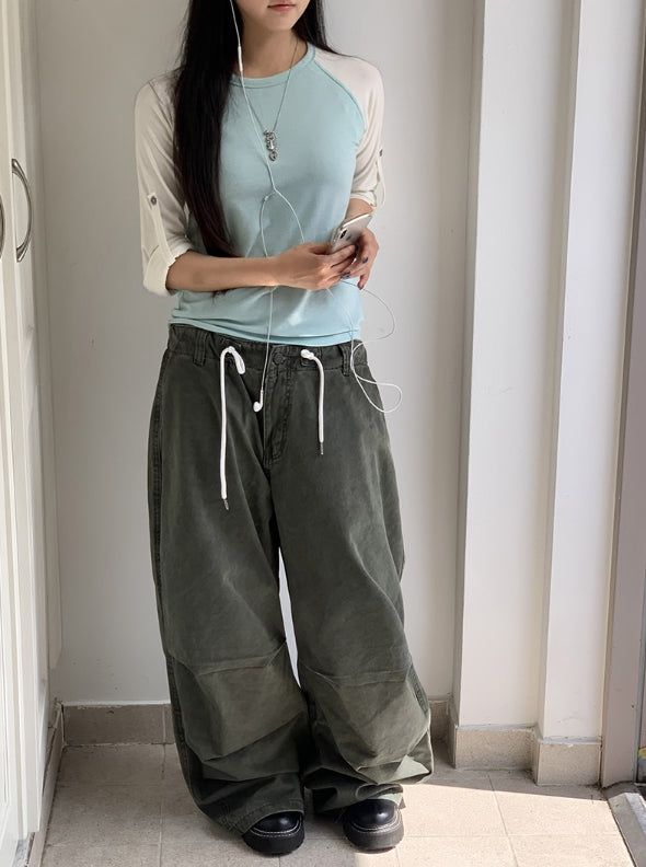 Nako String Pintuck Pocket Washing Wide Pants