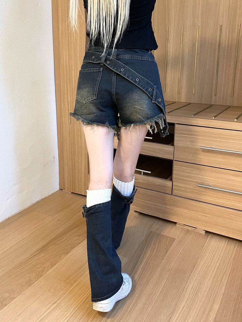 1409. Side belted denim pt warmer set