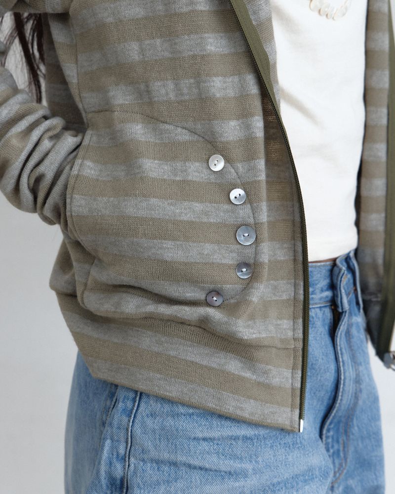 Stripe Button Knit Hooded Zip-Up