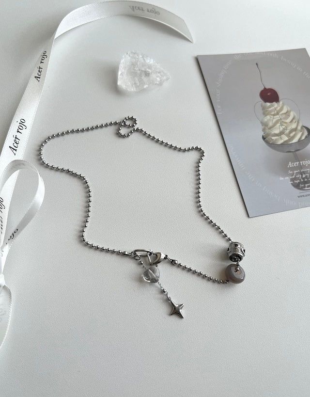 yio Gray gemstone heart Rondell star Surgical two way y Beads Bold Choker Short Layered Necklace