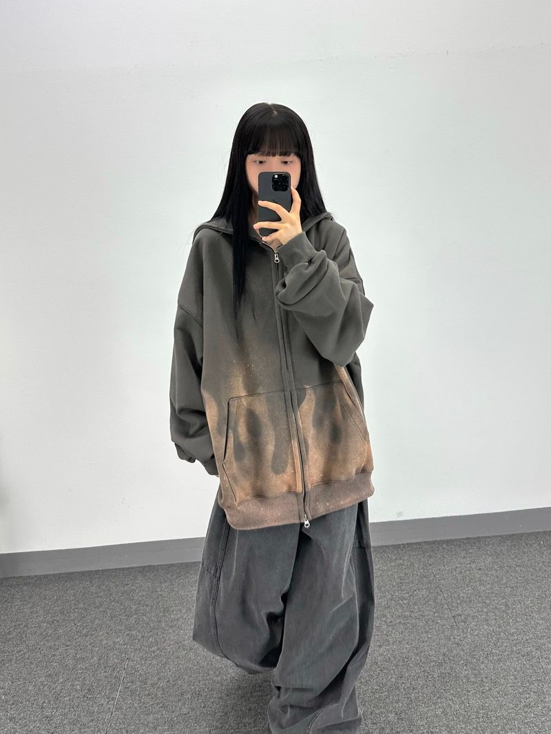 flame washed hooded zip-up
