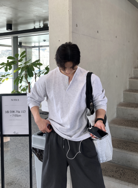 Look nade Waffle Button Henry Neck Long Sleeve T-Shirt