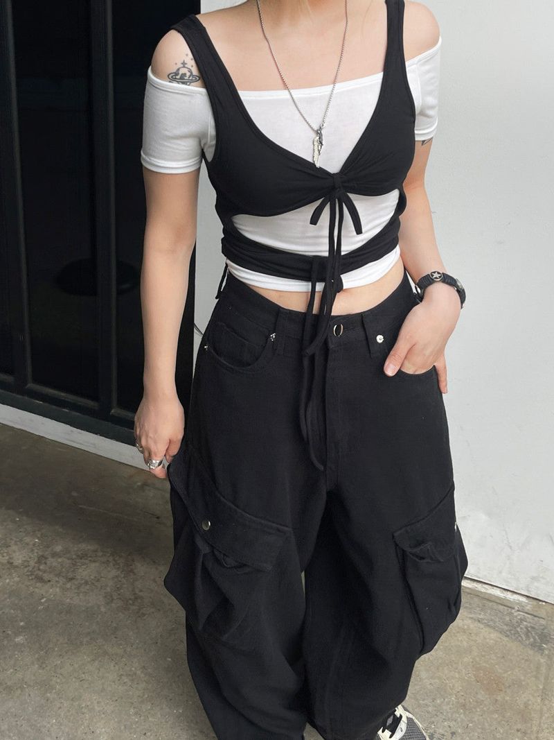 Layered Strap Hole Ribbon Top