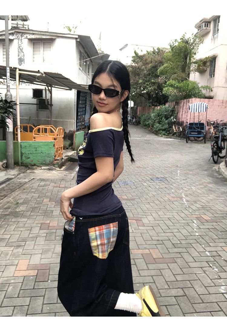 Checked pocket dark blue wide cropped denim