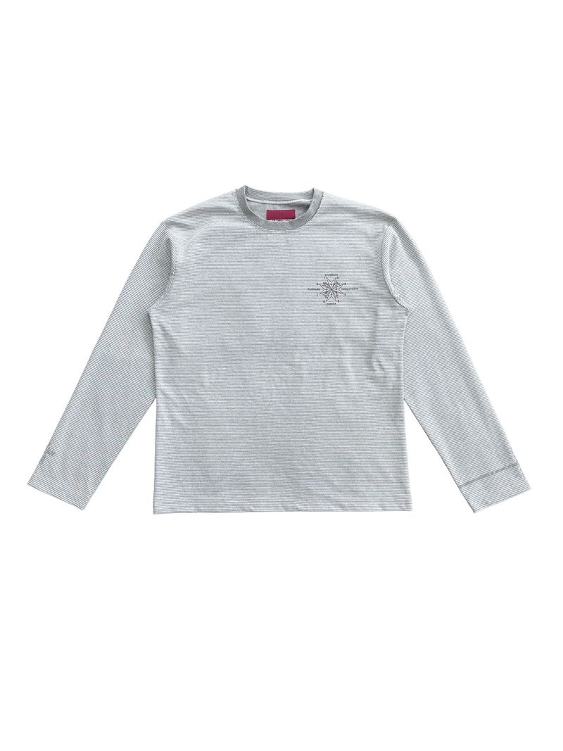WANGXINGYU（ワンシンユー）の「JACQUARD STRIPE TOTEM PRINT CUFF HOLLOW EMBROIDERY RAW-EDGE BASE LAYER LONG SLEEVE（Tops）」