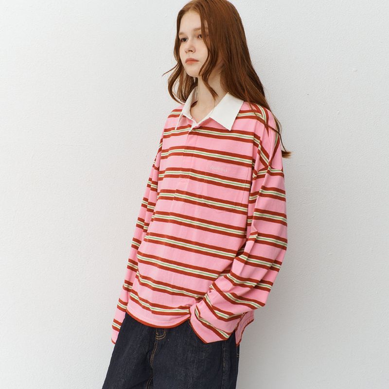 Oversized Stripe Collar T-Shirts_Pink