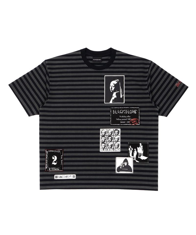 BLACKBLOND（ブラックブロンド）の「BBD アングザイエティ マルチ パッチ ストライプ Tシャツ (Black&Charcoal)（トップス）」